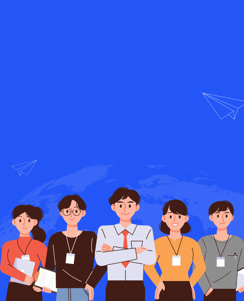 세계 지도를 배경으로 두고 서 있는 5명의 사람 일러스트